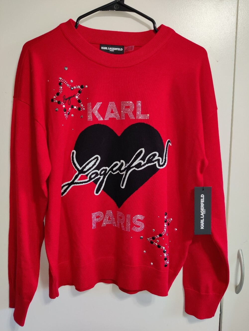 Karl Lagerfeld Red Crewneck Sweater With Rhinestone Accents